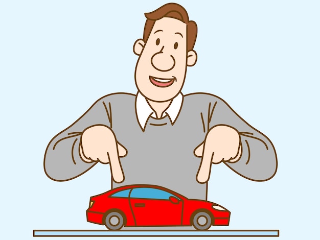 Businessman pointing finger at sports car vector illustration in retro cartoon style