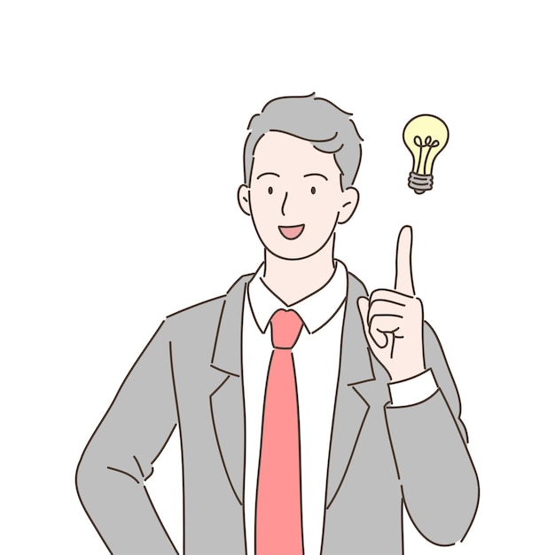 Businessman pointing at light bulb as a symbol of having an idea.  illustration in hand drawn style