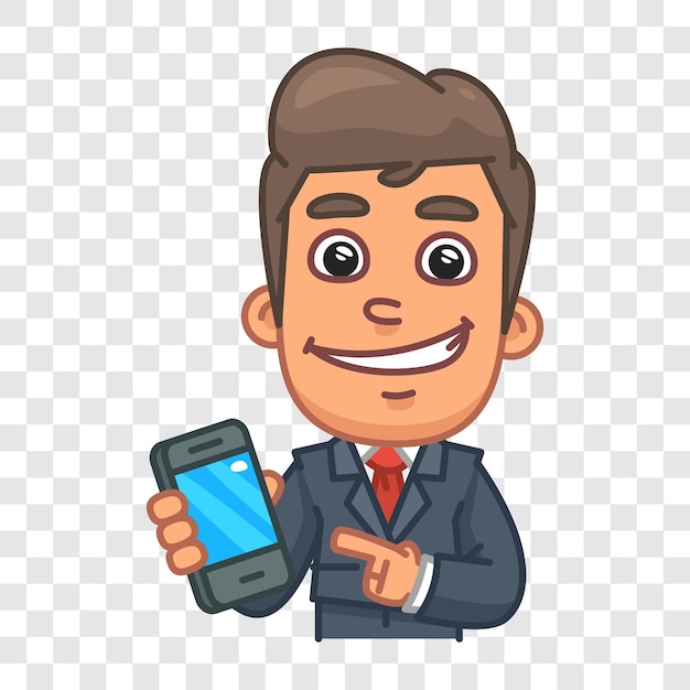 Businessman pointing to mobile phone funny character vector character