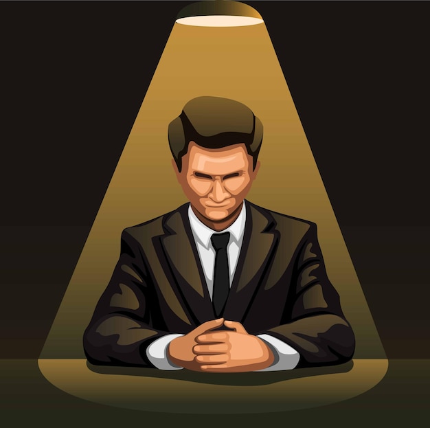 Vector businessman portrait under spotlight in dark room for interrogation concept in cartoon illustration