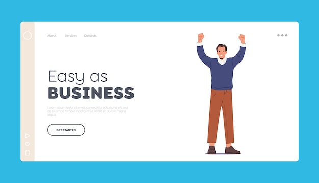 ビジネスマンの肯定的な感情のランディングページテンプレートカジュアルな服を着た大人の男性が手を振って幸せな男性キャラクター