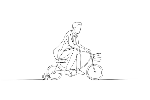 Businessman practice riding child bicycle with training wheels concept of training practice for success Single continuous line art style