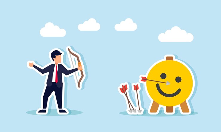 Vector 사업가 는 시장 에서 긍정적 인 관심 을 끌기 위한 표적 인 일러스트 로 행복 한 이모티콘 을 사용 하여 활 을 는 것 을 연습 한다