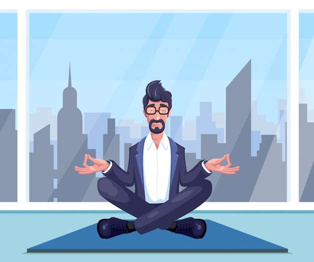 Vector businessman practices yoga