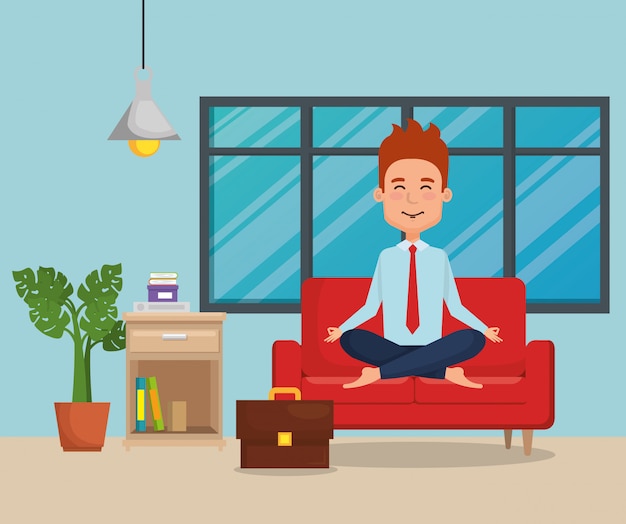 Businessman practicing yoga in the sofa