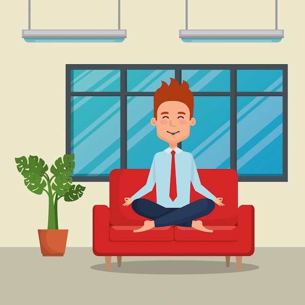 businessman practicing yoga in the sofa