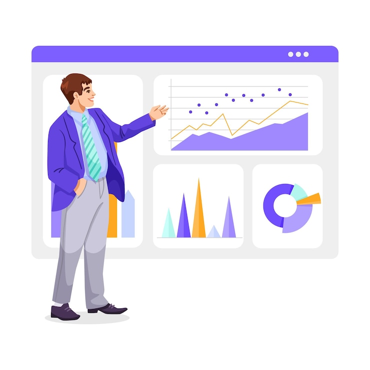 Vector businessman presenting data in front of analytical charts vector illustration