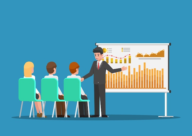 Businessman presenting financial and marketing data on presentation board. business meeting and presentation concept.