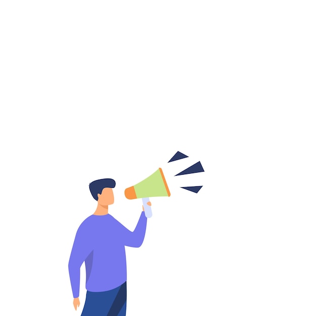 Businessman Presenting Important Information with megaphone Man Having Sound Device In Hand And Main Information Critical Announcements Displayed With Drawings Around