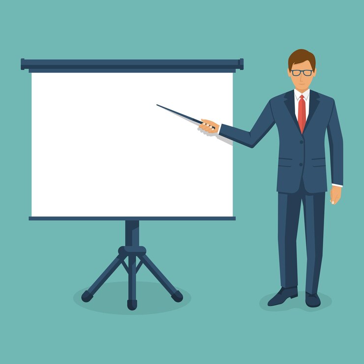 Vector businessman presenting man in suit with pointer in hand white empty board presentation