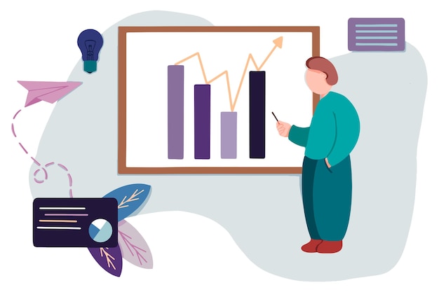 Vector businessman presenting marketing data on a presentation screen board explaining charts