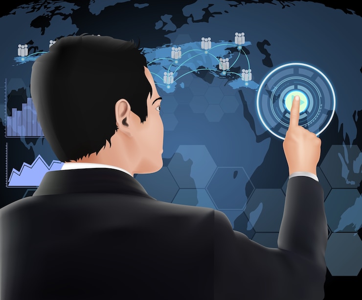 Vector businessman pressing button with contact on virtual screens