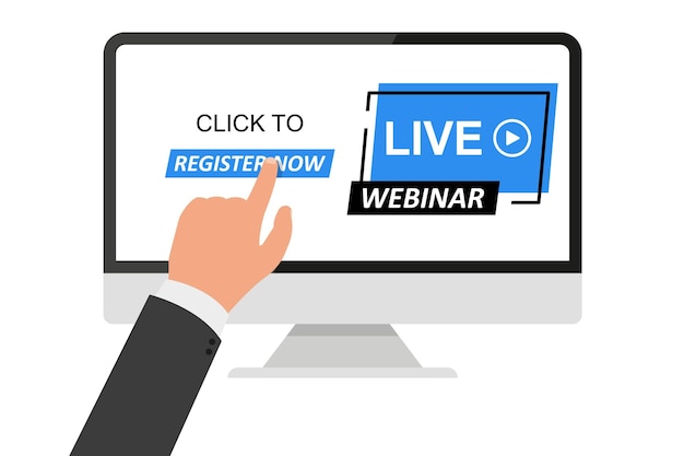 Businessman pressing, hold to start live webinar button. Vector illustration