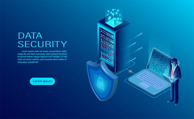 ビジネスマンは、コンピューターとサーバー上のデータと機密性を保護します。データの保護とセキュリティは機密です。