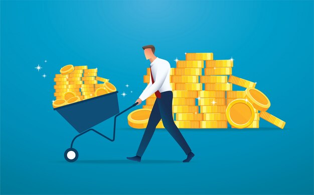 Vector businessman push cart full of gold coins