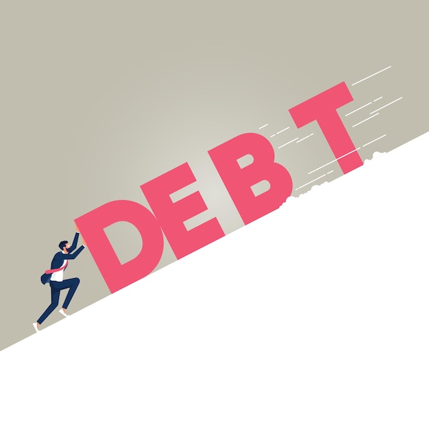 Vector businessman pushing against huge text spelled debt on slope metaphor financial obligations