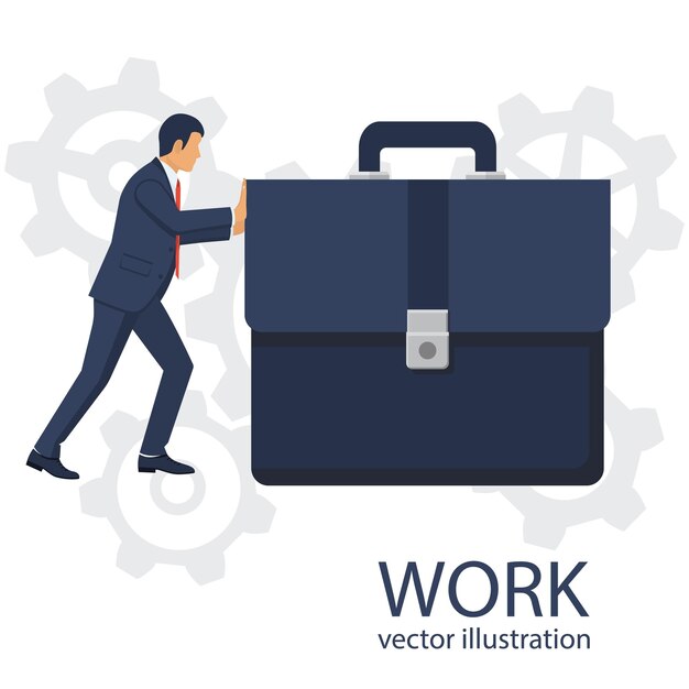 Vettore imprenditore spingendo valigette grandi come simbolo di duro lavoro isolato su sfondo bianco design piatto illustrazione vettoriale office manager in tuta uomo fiducioso hard way