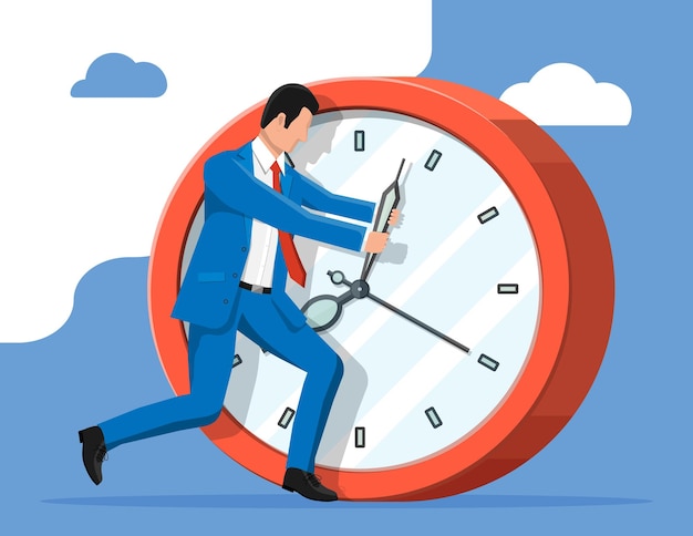 Vector businessman pushing big clock