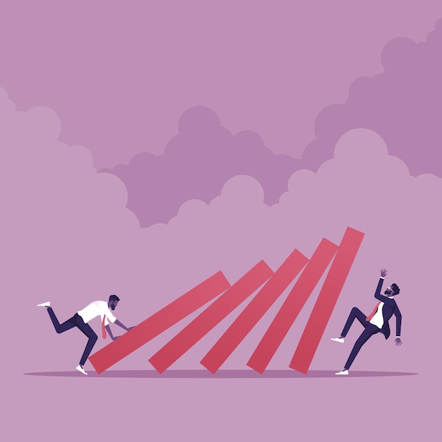 businessman pushing to collapse domino to another businessman falling down