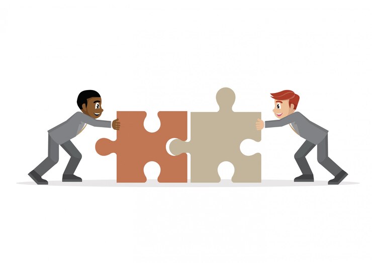 Vector businessman pushing two jigsaw pieces together.