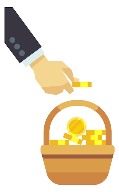 Vector businessman put coins in basket money savings icon