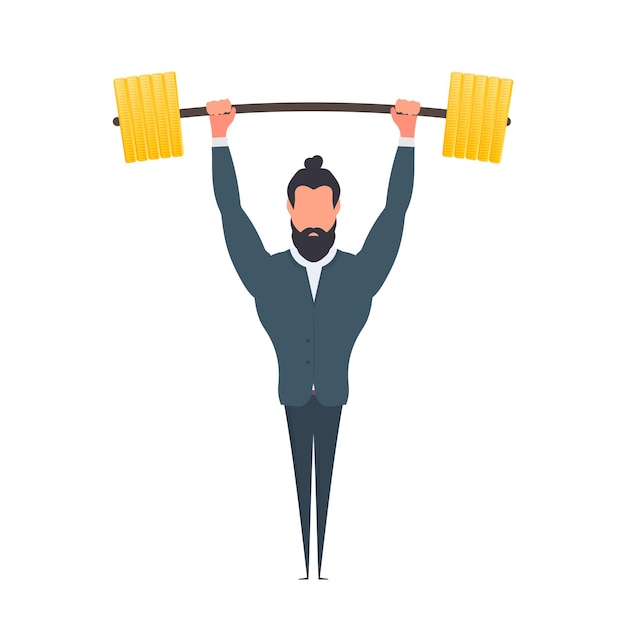 businessman raises the barbell with gold coins. a man in a suit with a barbell. the concept of a successful business and revenue growth. isolated. vector.
