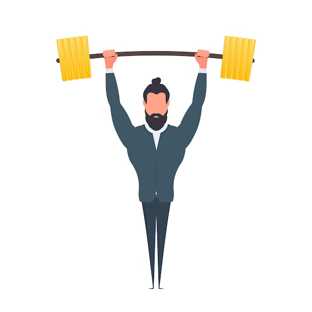 Vector businessman raises the barbell with gold coins. a man in a suit with a barbell. the concept of a successful business and revenue growth. isolated. vector.