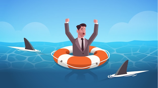 businessman raising hands inside lifebuoy in water full of shark helping business to survive help support financial crisis frustration concept horizontal portrait