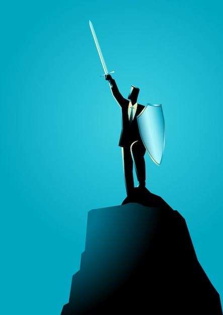 Vector businessman raising a sword and shield on top of rock
