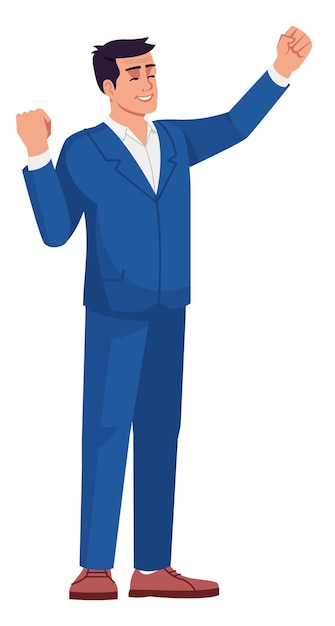 Businessman rejoicing in victory semi flat rgb color vector illustration. standing figure. person celebrating professional achievement isolated cartoon character on white background