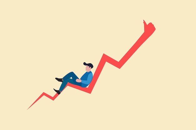 L'uomo d'affari si rilassa sul concetto grafico crescente del profitto dell'investimento di successo e del mercato azionario