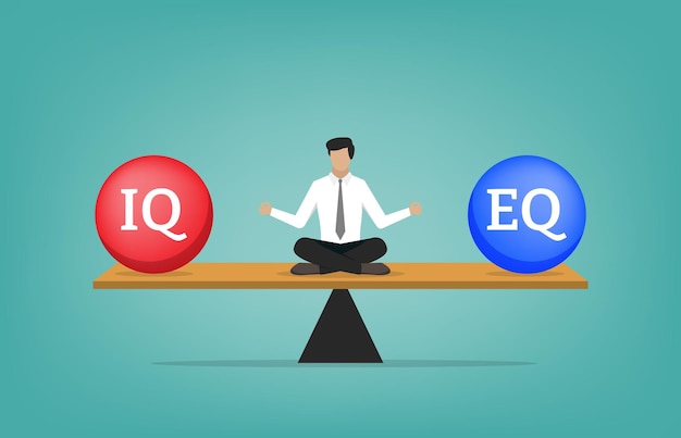 Vector businessman relaxing and meditate on the seesaw balancing between iq and eq or intelligence quotient and emotional quotient concept