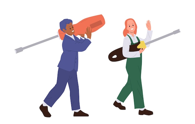 Uomini d'affari e reparatrici personaggi dei cartoni animati che indossano l'uniforme con in mano uno strumento di lavoro gigante set isolato
