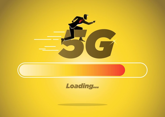 Vector a businessman riding 5g wireless network technology concept fast speed connection and loading