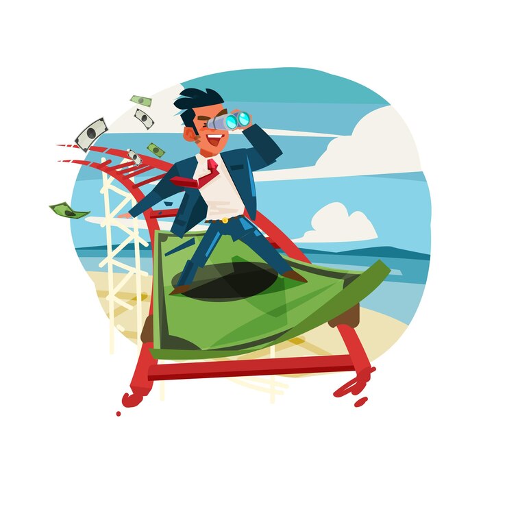 Vector businessman riding on banknote as roller coaster.business or finance conceptual