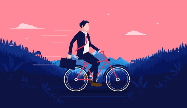 Vector businessman riding bike to work in nature landscape