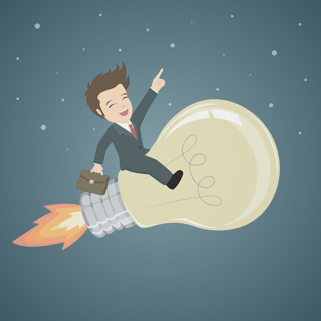 Vector businessman riding bulb on night sky background.