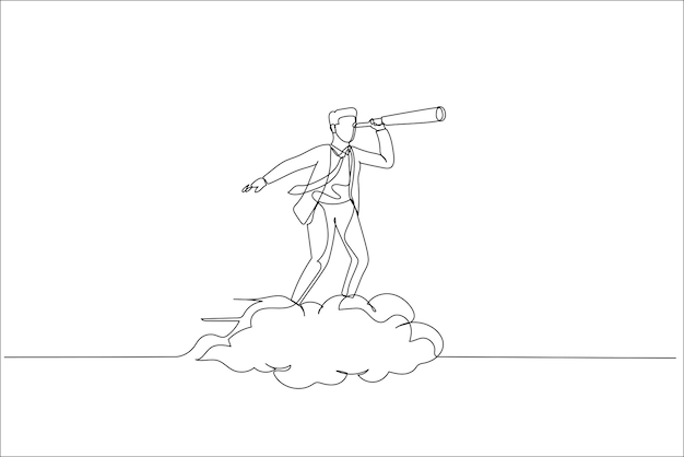 Businessman riding cloud while using telescope Concept of vision