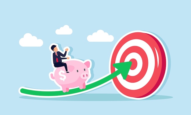 A businessman riding a piggy bank passes an arrow leading to a target board