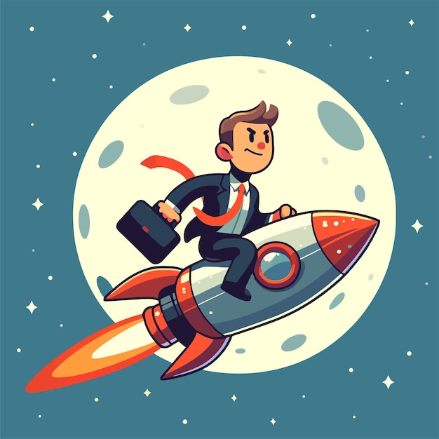 Vector businessman riding a rocket towards the moon in flat design