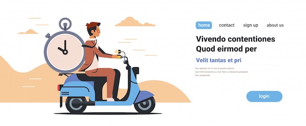 Vector businessman riding scooter with alarm clock deadline time management