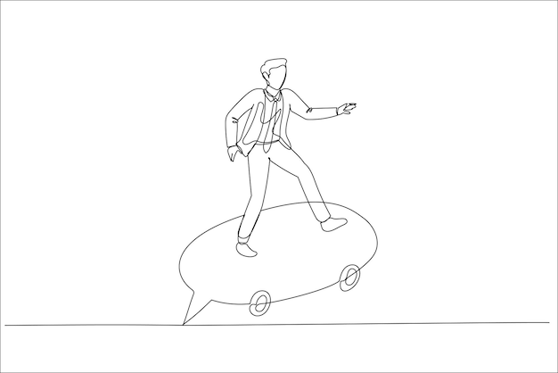 Businessman riding speech bubble skate using megaphone Concept of communication