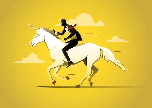 Businessman riding a unicorn vector illustration