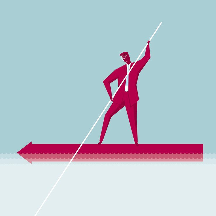 Vector businessman rowing. the ship is an arrow symbol. isolated on blue background.