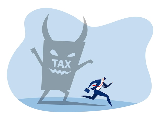 Businessman run away from tax devil. pay tax finance vector.