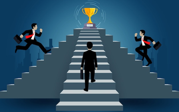 Businessman run up on staircase go to goal. destination, victory  to success concept with idea. leadership concept. ladder to success business. cartoon vector illustration