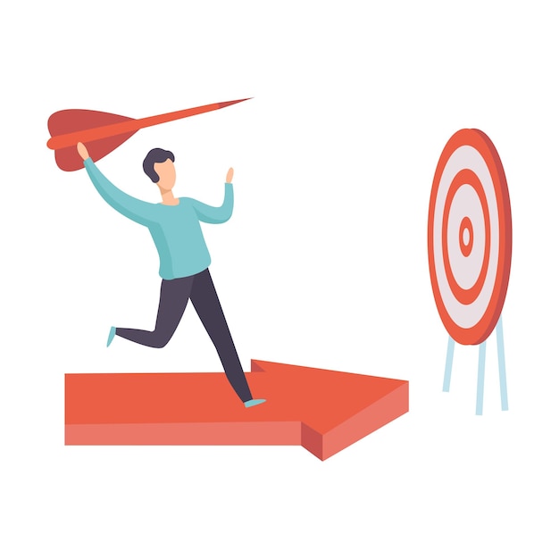 Vector businessman running along red arrow graph to achieve target man with red dart achievement of goal vector illustration on white background