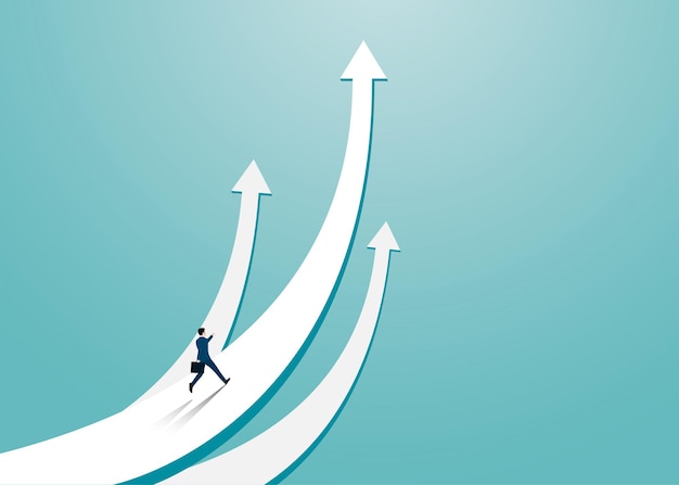 Businessman running on the arrow pointing up. Businessman towards arrow pointing up direction overcome of economy recession concept. Leadership, Startup, Vision, Vector illustration flat