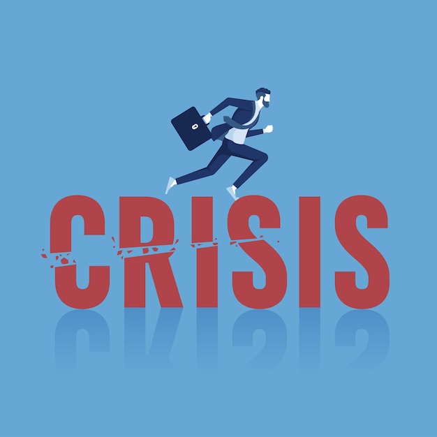 Vector businessman running away from broken word crisis, concept of crisis management and challenge in business