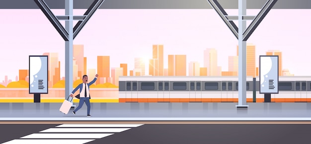 Businessman running to catch train   business man with luggage on railway station city public transport male cartoon character cityscape background full length horizontal banner